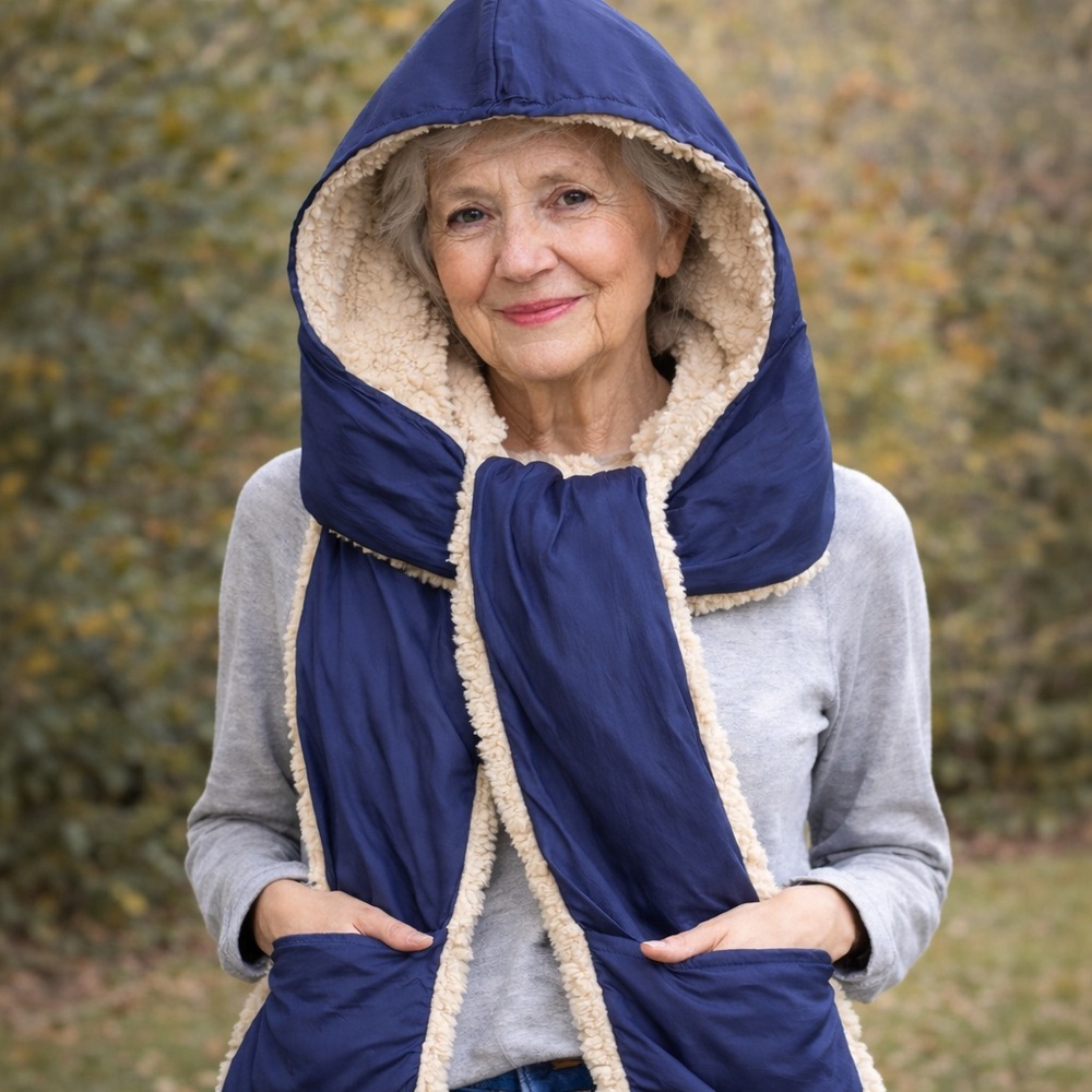 Navy Hooded Scarf with Pockets Unisex One Size Sherpa Lining Fits All NWT